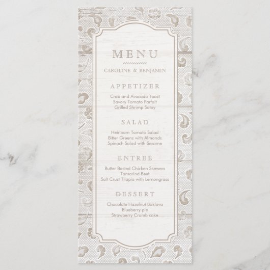 Wit kanten hout rustiek land bruiloft menu (Voorkant)