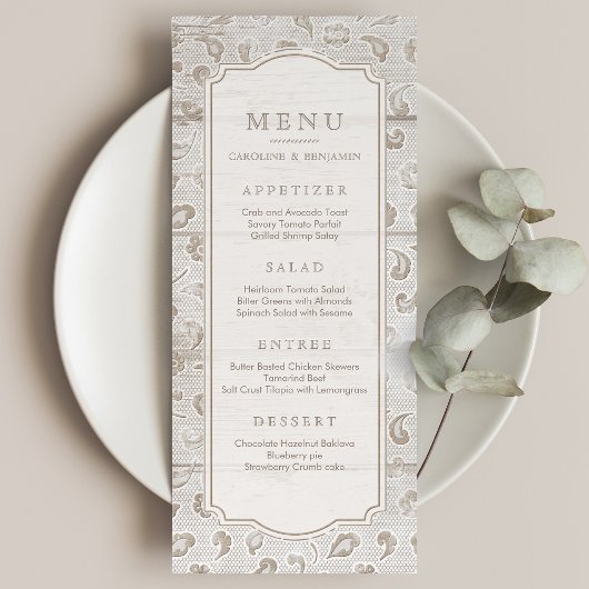 Wit kanten hout rustiek land bruiloft menu