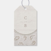 Wit kanten hout rustiek land bruiloft monogram cadeaulabel (Voorkant)