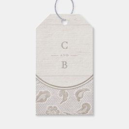 Wit kanten hout rustiek land bruiloft monogram cadeaulabel