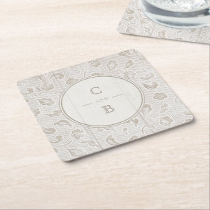 Wit kanten hout rustiek land bruiloft monogram kartonnen onderzetters