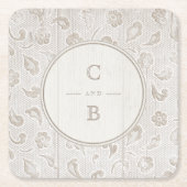 Wit kanten hout rustiek land bruiloft monogram kartonnen onderzetters (Voorkant)