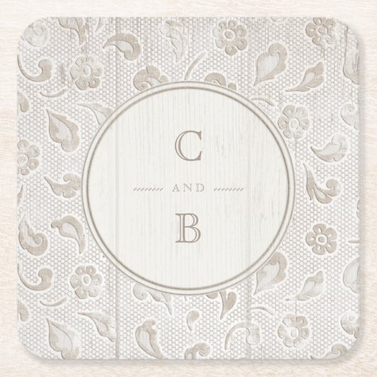 Wit kanten hout rustiek land bruiloft monogram kartonnen onderzetters (Voorkant)