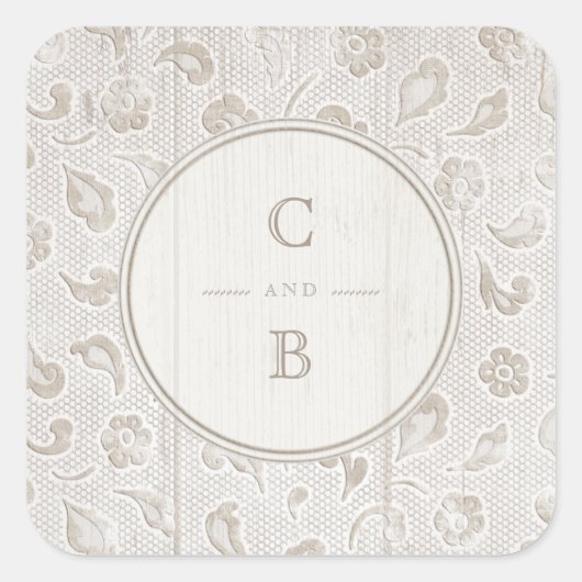 Wit kanten hout rustiek land bruiloft monogram vierkante sticker (Voorkant)