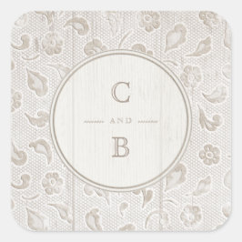 Wit kanten hout rustiek land bruiloft monogram vierkante sticker