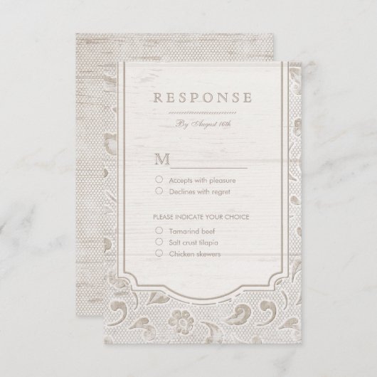 Wit kanten hout rustiek land bruiloft RSVP (Voorkant / Achterkant)