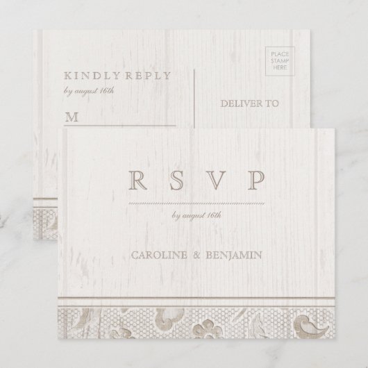 Wit kanten hout rustiek land bruiloft RSVP Uitnodiging Briefkaart (Voorkant / Achterkant)