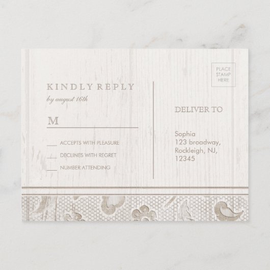 Wit kanten hout rustiek land bruiloft RSVP Uitnodiging Briefkaart (Achterkant)