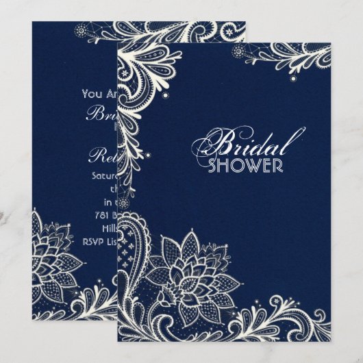  wit kantpatroon marineblauw vrijgezellenfeest kaart (Voorkant / Achterkant)