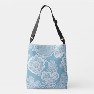 Wit kantwerk op blauwe AI-kunst  Crossbody Tas