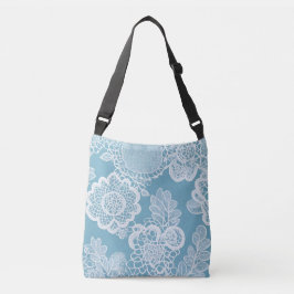 Wit kantwerk op blauwe AI-kunst Crossbody Tas