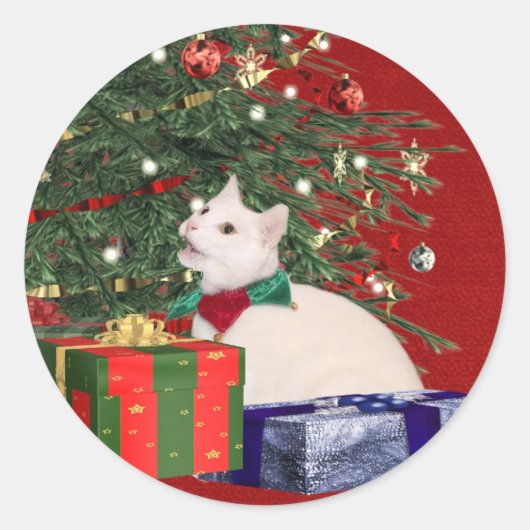 wit kat kerst ronde sticker (Voorkant)