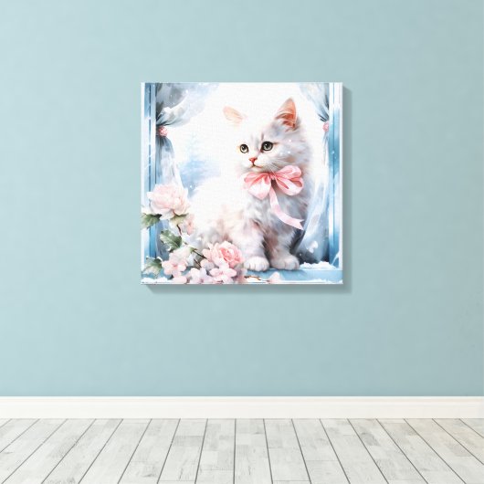 Wit katje met een roze strik in een raam canvas afdruk (Insitu (Houten vloer))