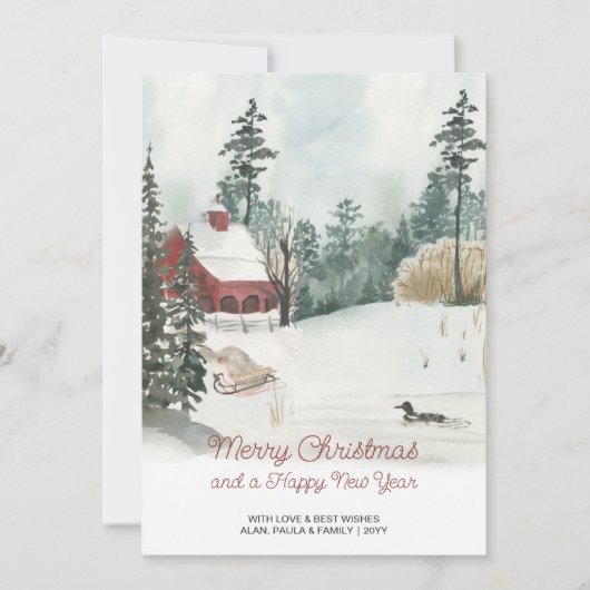 Wit kerstfeest Waterverf winterlandschap Feestdagenkaart (Voorkant)