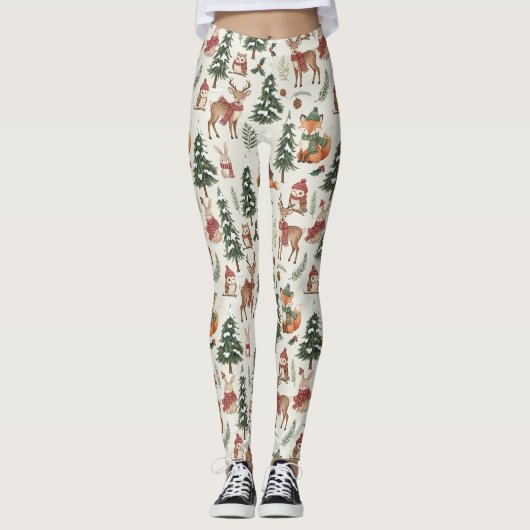 Wit Kerstmis Bos Vos Herten Konijn Patroon Leggings (Voorkant)