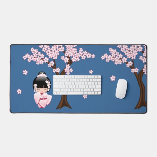 Wit Kimono Kokeshi Doll Leuk Geisha Blauw Bureaumat (Keyboard & Muis)