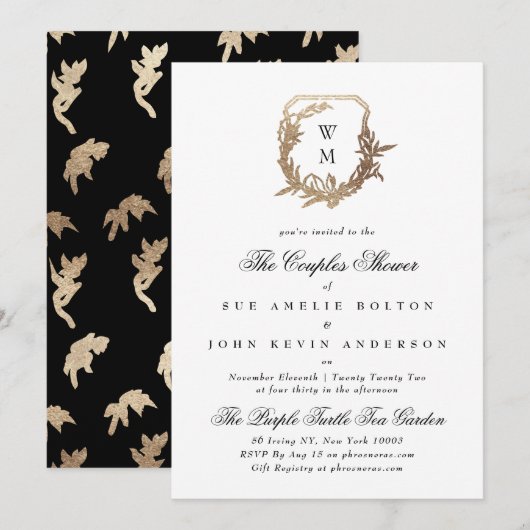 Wit klassiek zwart goud motief koppels douche kaart (Voorkant / Achterkant)