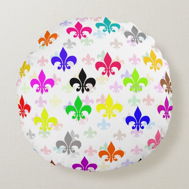 Wit Kleurrijk Fleur-de-lis Patroonontwerp Rond Kussen (Voorkant)