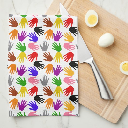 Wit Kleurrijk Handafdruk Patroon Ontwerp Theedoek (Quarter Fold)