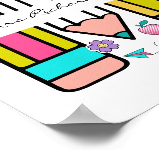 Wit Kleurrijke Leraar Cartoon Potlood Poster (Hoek)