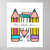 Wit Kleurrijke Leraar Cartoon Potlood Poster (Voorkant)