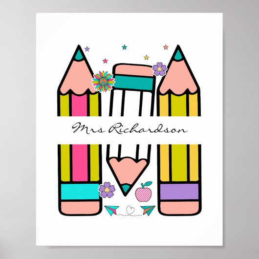 Wit Kleurrijke Leraar Cartoon Potlood Poster (Voorkant)