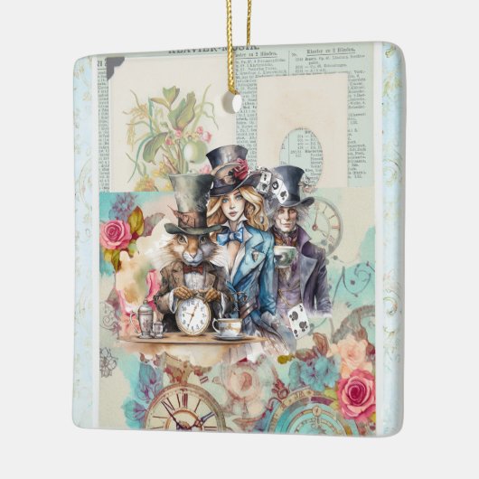 Wit Konijn, Alice & Mad Hatter in Top Hats Keramisch Ornament (Links)