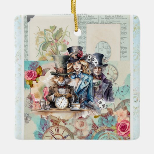 Wit Konijn, Alice & Mad Hatter in Top Hats Keramisch Ornament (Voorkant)