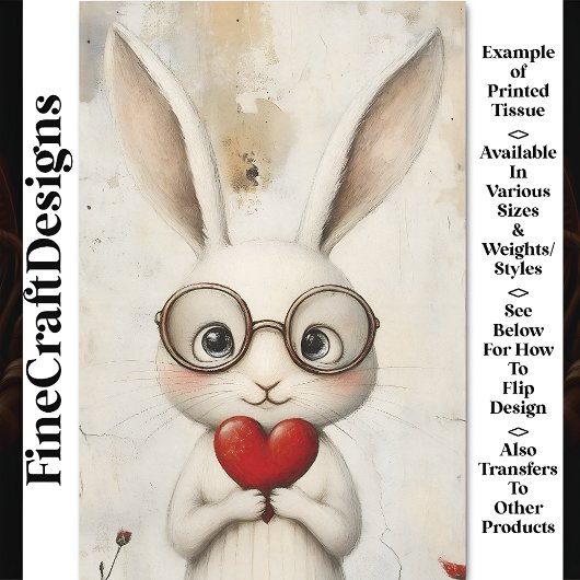 Wit konijn, bril en een rood hart BY3 decoupage Tissuepapier