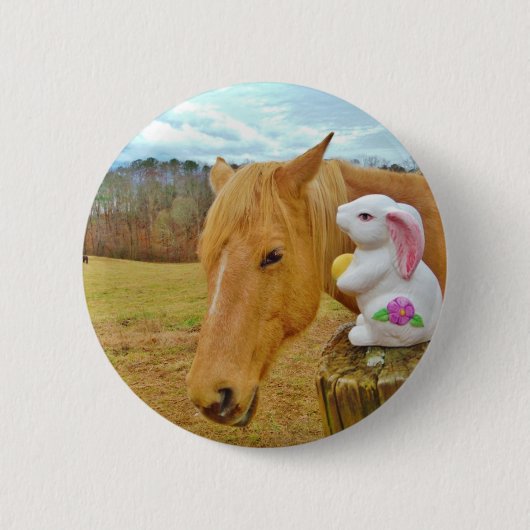 Wit konijn en blond geel paard ronde button 5,7 cm (Voorkant)