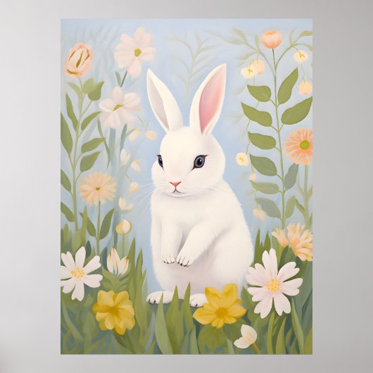 Wit Konijn in Lente Bloemen Poster (Voorkant)