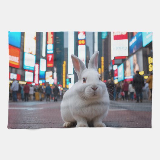 Wit Konijn in Times Square Theedoek (Horizontaal)