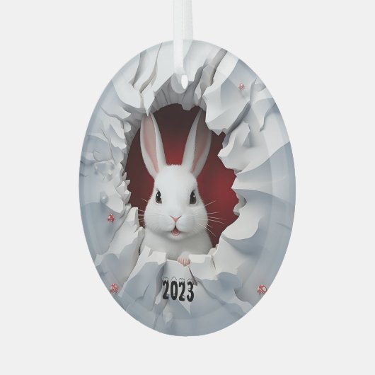 Wit Konijn Kerstmis Glas Ornament (Voorkant links)