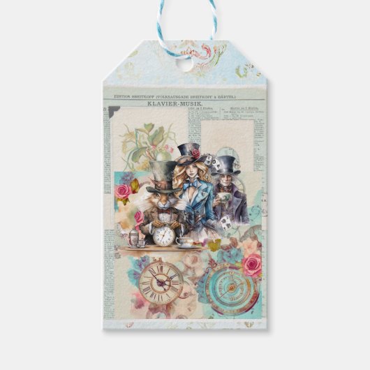 Wit Konijn, Mad Hatter & Alice in Top Hats Cadeaulabel (Voorkant)