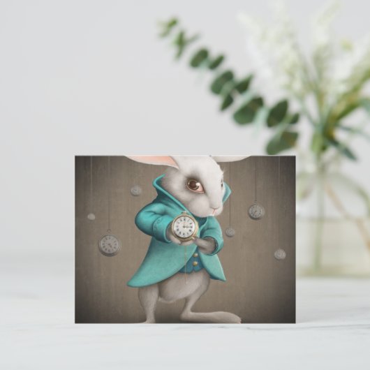 wit konijn met klok briefkaart (Staand voorkant)