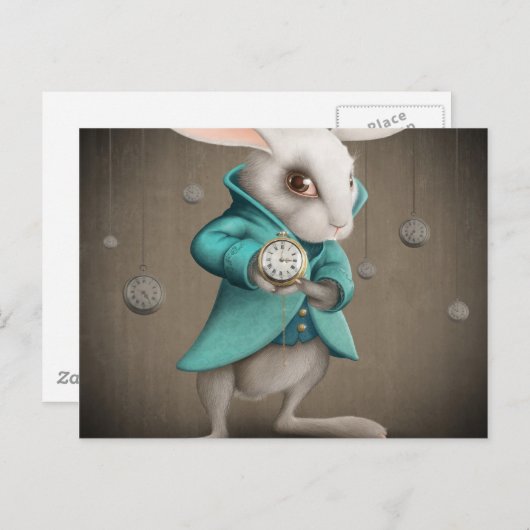 wit konijn met klok briefkaart (Voorkant / Achterkant)