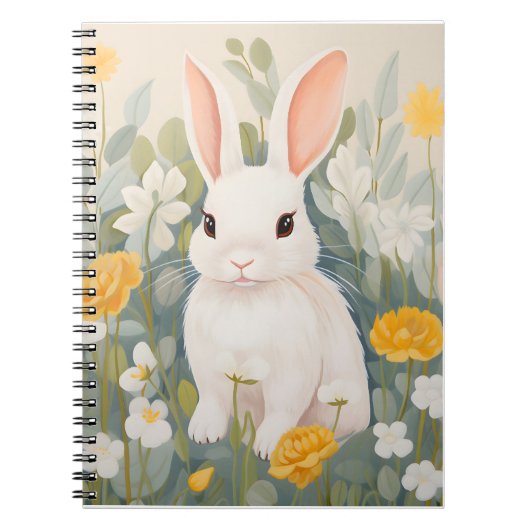 Wit konijn onder lentebloemen notitieboek (Voorkant)
