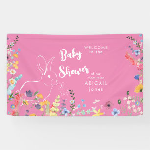 Wit Konijn Roze Wildbloemen Baby shower II Spandoek
