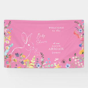 Wit Konijn Roze Wildbloemen Baby shower Spandoek
