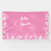 Wit Konijn Wit Bloemen Roze Baby shower Spandoek (Horizontaal)