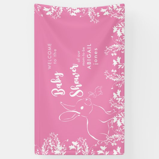 Wit Konijn Wit Bloemen Roze Baby shower Spandoek (Verticaal)