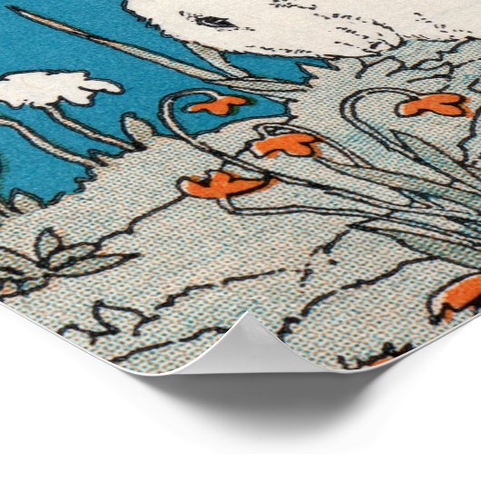 wit konijn zittend in bloemen op blauw poster (Hoek)