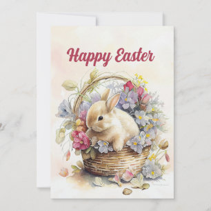 wit konijnenmandje Bloemen Happy Easter Feestdagenkaart