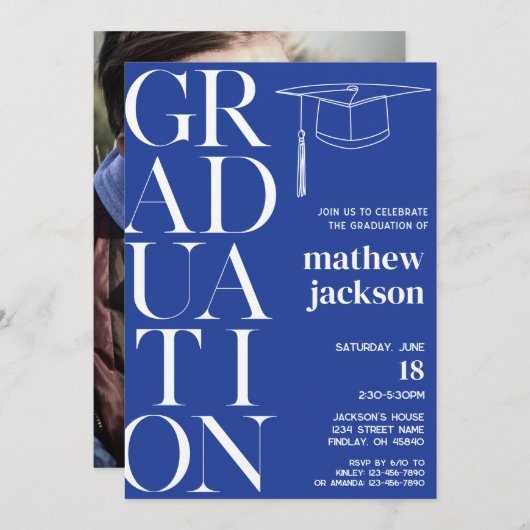 wit koningsblauw achtergrond '24 afstudeerfeest kaart (Voorkant / Achterkant)