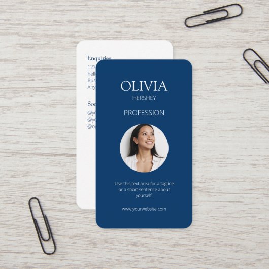 Wit/Koninklijk Blauw Foto Sociale QR Code Visitekaartje (Voorkant / Achterkant in situ)