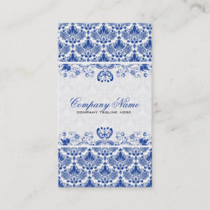 Wit & Koninklijk Blauw Retro Bloemen Damast Patroo Visitekaartje