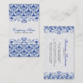 Wit & Koninklijk Blauw Retro Bloemen Damast Patroo Visitekaartje (Voorkant / Achterkant)