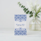 Wit & Koninklijk Blauw Retro Bloemen Damast Patroo Visitekaartje (Staand voorkant)