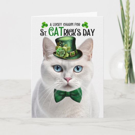 Wit Kortharig Kat St CATrick's Day Feestdagen Kaart (Voorkant)