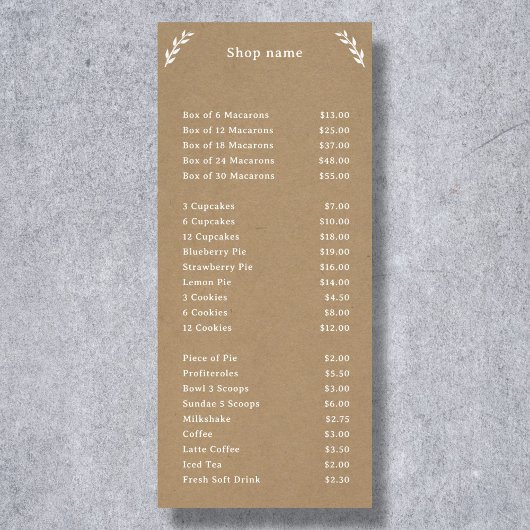 Wit, Kraft & Rustic Menu & Prijslijst Kaart